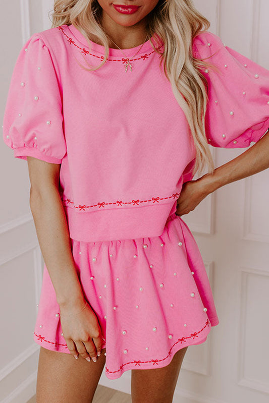 Pink Contrast Bow  and Skort 2pcs Set